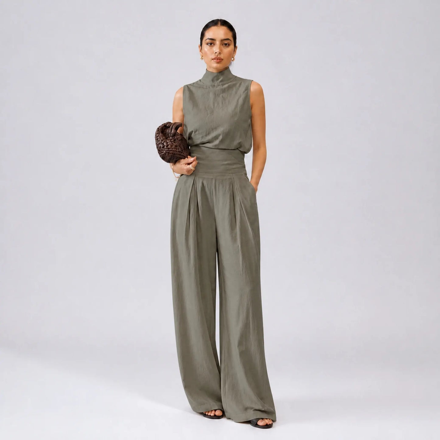 Breathable Linen Two-Piece Set — Elegant High-Neck Backless Top with High-Waisted Wide-Leg Trousers