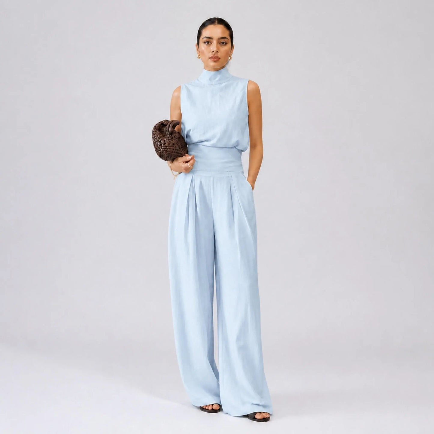 Breathable Linen Two-Piece Set — Elegant High-Neck Backless Top with High-Waisted Wide-Leg Trousers