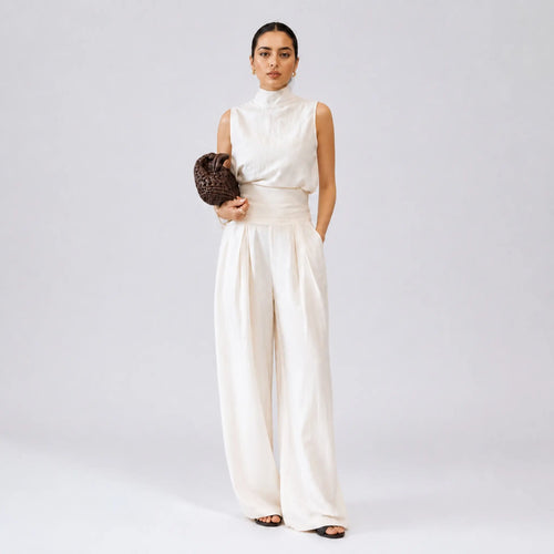 Breathable Linen Two-Piece Set — Elegant High-Neck Backless Top with High-Waisted Wide-Leg Trousers
