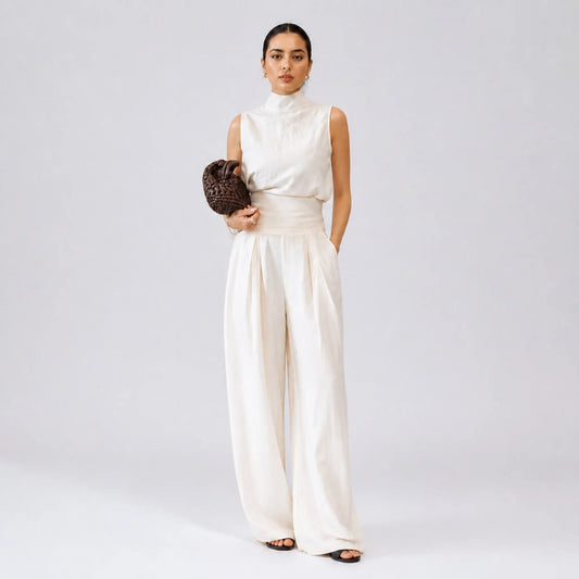 Breathable Linen Two-Piece Set — Elegant High-Neck Backless Top with High-Waisted Wide-Leg Trousers
