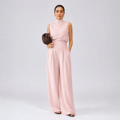 Breathable Linen Two-Piece Set — Elegant High-Neck Backless Top with High-Waisted Wide-Leg Trousers