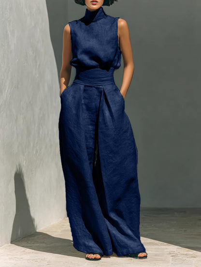 Breathable Linen Two-Piece Set — Elegant High-Neck Backless Top with High-Waisted Wide-Leg Trousers