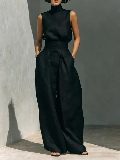Breathable Linen Two-Piece Set — Elegant High-Neck Backless Top with High-Waisted Wide-Leg Trousers