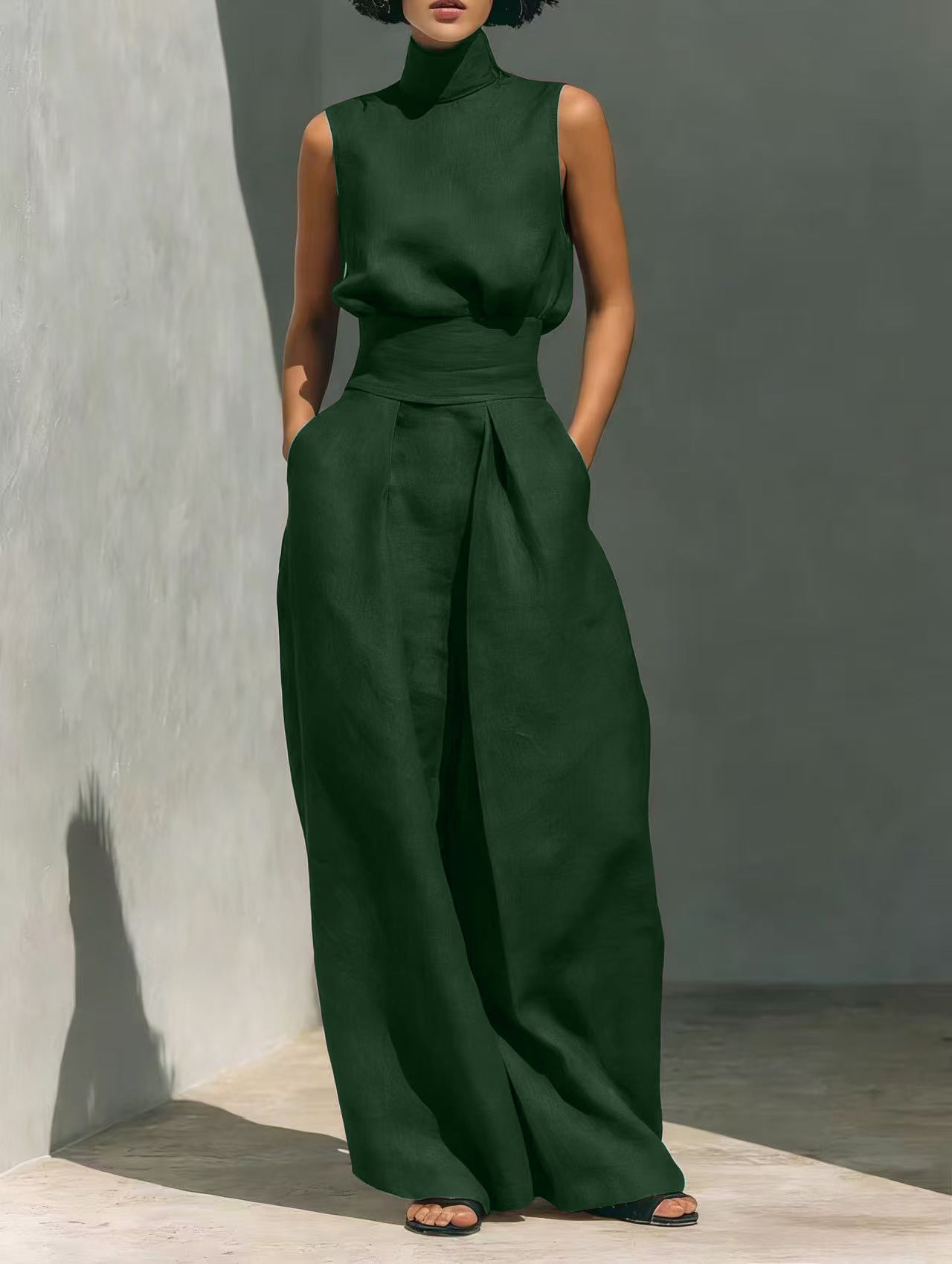 Breathable Linen Two-Piece Set — Elegant High-Neck Backless Top with High-Waisted Wide-Leg Trousers