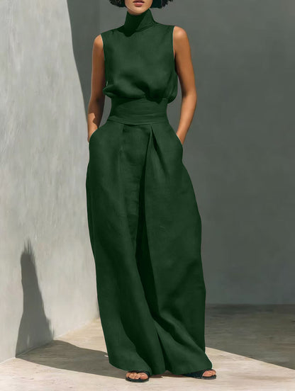 Breathable Linen Two-Piece Set — Elegant High-Neck Backless Top with High-Waisted Wide-Leg Trousers