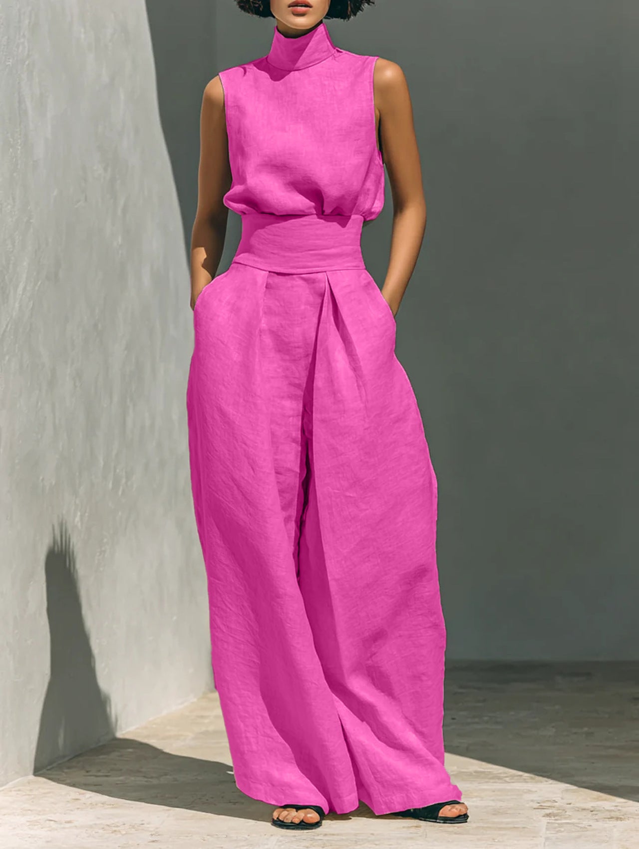 Breathable Linen Two-Piece Set — Elegant High-Neck Backless Top with High-Waisted Wide-Leg Trousers